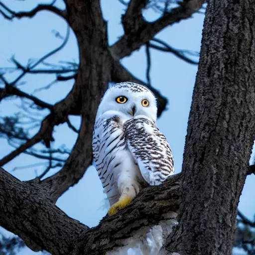 Prompt: a cute baby snowy owl resting on a tree branch, evening, soft lighting from a full moon