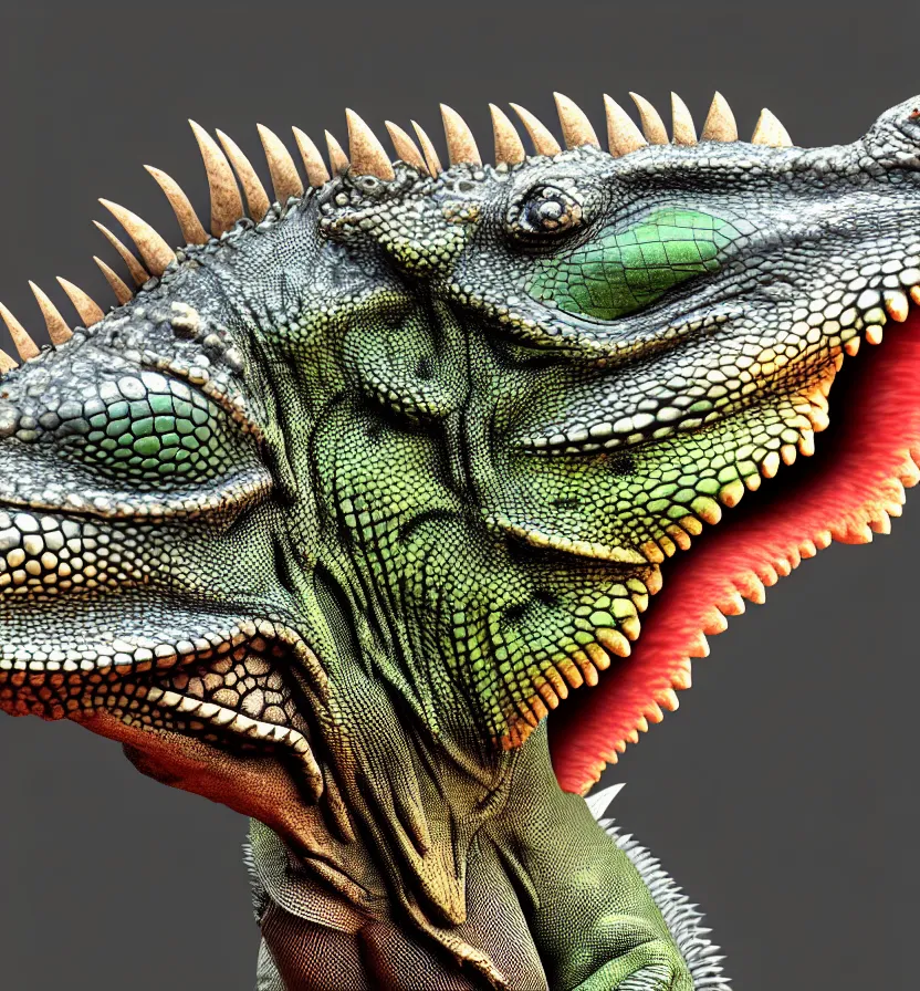 Image similar to antasy creature setting all : iguana head : : 0. 5 the head has a symmetrical horn and tumor, and there is a rhino horn at the front of the beak, and the mouth is open to reveal a mouth full of fangs with huge wings, full body rich detail realistic photoreal photorealistic octane render 8 k