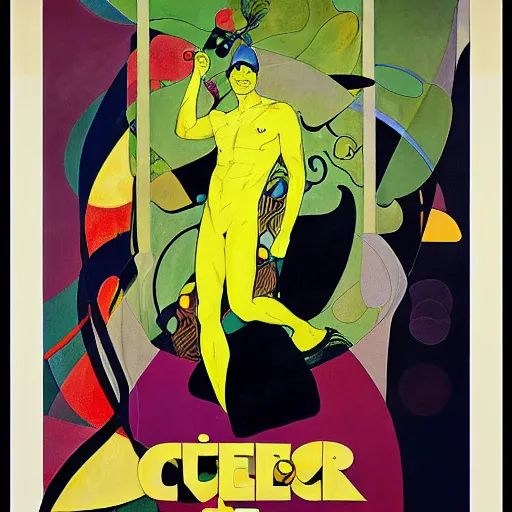 Prompt: art by joshua middleton, the creeper, a tall manically smiling yellow - skinned man with green and black striped trunks and wearing a red feather boa, mucha, kandinsky, poster, comic art, stylised design