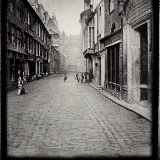 Image similar to street photograph from the 1600s, faded, blurry, first ever photograph