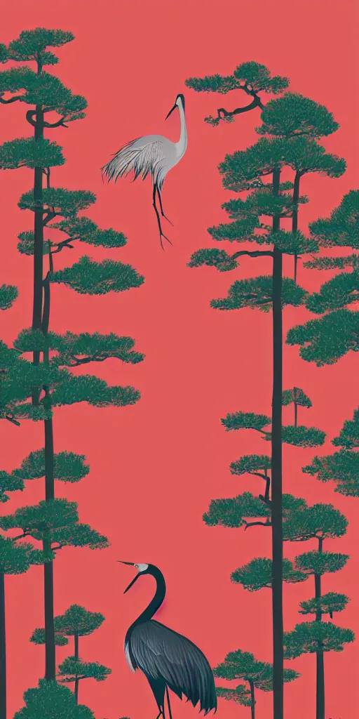 Prompt: a portrait of japanese crane walking into a forest of japanese pines, a big red sun in the background, fresh modern style, responsive, front game card, vector line art, trending on behance, simple thick line art, stunning, matte