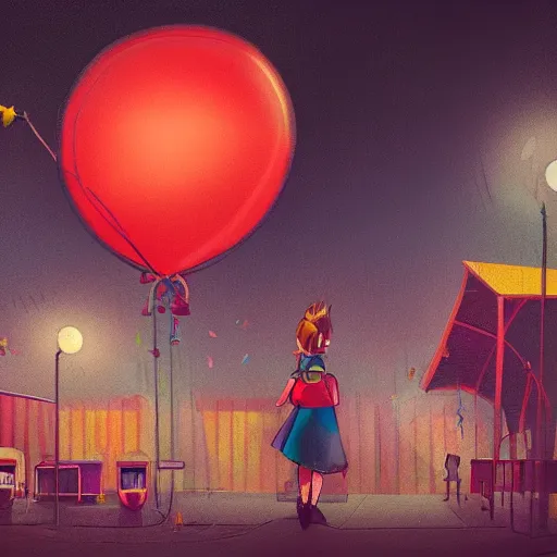 Image similar to a girl holding a balloon at a fairground. buildings with graffiti. dusk. illustration in the style of simon stalenhag artstation