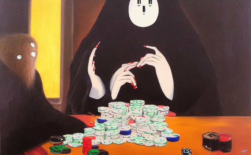 Prompt: no face from spirited away playing poker, oil painting