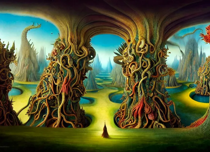 Image similar to a beguiling epic stunning beautiful and insanely detailed matte painting of the impossible winding path through imaginary worlds with surreal architecture designed by Giuseppe Arcimboldo, mega structures inspired by Heironymous Bosch's Garden of Earthly Delights, vast surreal landscape and horizon by Asher Durand and Cyril Rolando and Natalie Shau and Ernst Fuchs, colorful otherworldly trees, masterpiece!!!, grand!, imaginative!!!, whimsical!!, otherworldly, epic scale, intricate details, sense of awe, elite, wonder, insanely complex, masterful composition!!!, sharp focus, fantasy realism, dramatic lighting