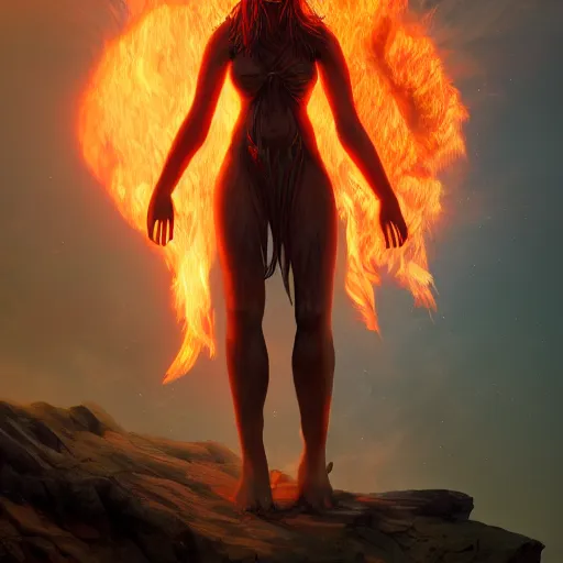 Image similar to Stunning giant goddess made of fire looking down on human mortals, artstation, 4k detailed