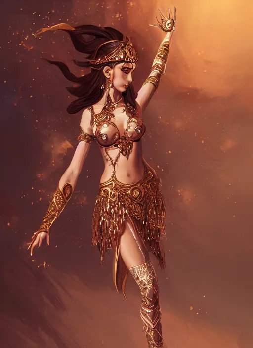 Image similar to a highly detailed illustration of an elegant elf arabian dancer, gracefully belly dancing pose, waving arms, intricate, elegant, highly detailed, centered, digital painting, artstation, concept art, smooth, sharp focus, league of legends concept art, WLOP