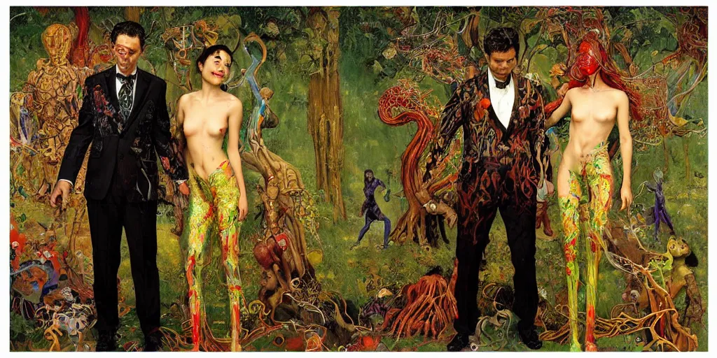 Image similar to two lovers wearing a suit made of nervous system, channeling third eye energy, surrounded by a background of cyber mystic garden of earthly delights, painted part by wojciech siudmak, part by ilya repin, part by norman rockwell, part by zhang jingna, artstation