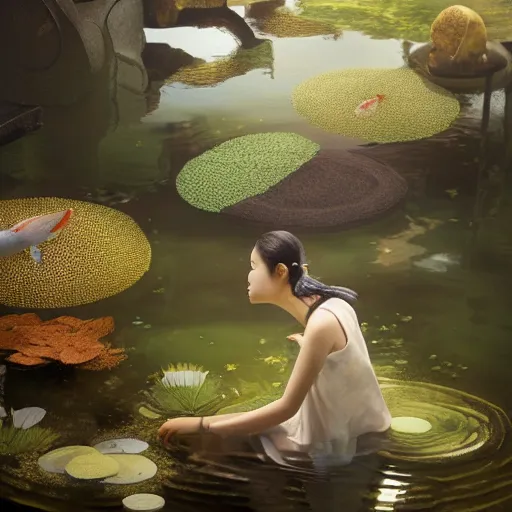 Image similar to portrait of a young japanese woman looking at koi fish in a pond, dim volumetric lighting, 8 k octane beautifully detailed render, post - processing, extremely hyper - detailed, intricate, epic composition, cinematic lighting, masterpiece, trending on artstation, detailed detailed detailed, stunning art by anders zorn, wonderful masterpiece by greg rutkowski, beautiful cinematic light