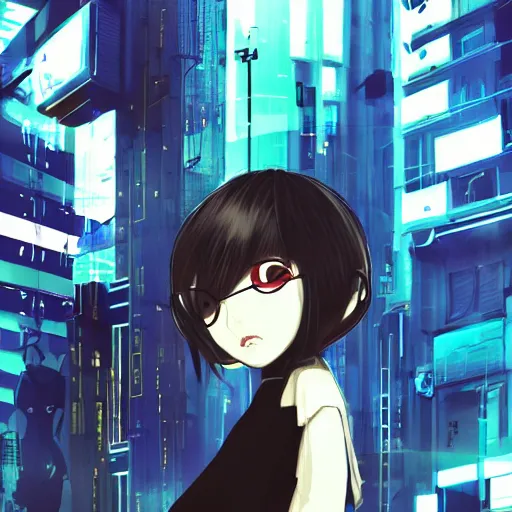 Image similar to Frequency indie album cover, luxury advertisement, blue filter, blue and black colors. Clean and detailed post-cyberpunk sci-fi close-up schoolgirl in asian city in style of cytus and deemo, blue flame, relaxing, calm and mysterious vibes, by Tsutomu Nihei, by Yoshitoshi ABe, by Ilya Kuvshinov, by Greg Tocchini, nier:automata, set in half-life 2, GITS, Blade Runner, Neotokyo Source, Syndicate(2012), dynamic composition, beautiful with eerie vibes, very inspirational, very stylish, with gradients, surrealistic, dystopia, postapocalyptic vibes, depth of field, mist, rich cinematic atmosphere, perfect digital art, mystical journey in strange world, beautiful dramatic dark moody tones and studio lighting, shadows, bastion game, arthouse