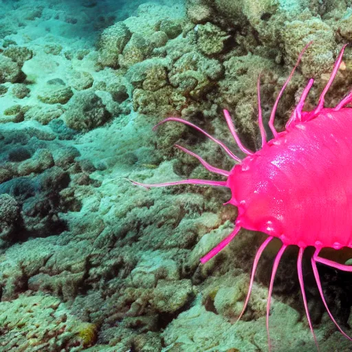 Prompt: pinkish crustacean with a pair of membranous bat - like wings. where a head would be, they have a pink brain coral and are covered in antennae. ( 1. 5 m ) numerous sets of paired appendages. unreal engine, studio lighting, water cuastics