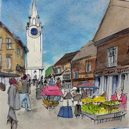 Prompt: town square with a market day, small white edwardian clocktower in background, water colour, illustration,