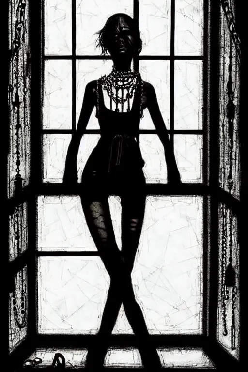 Image similar to dreamy gothic girl, black leather slim clothes, chains, windows and mirrors, beautiful body, detailed acrylic, grunge, intricate complexity, by dan mumford and by alberto giacometti, peter lindbergh