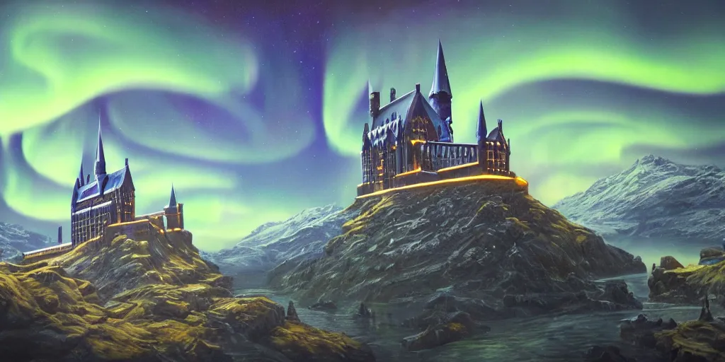 Image similar to mysterious painting of Hogwarts under the northern lights, immaculate scale, hyper-realistic, Unreal Engine, Octane Render, digital art, trending on Artstation, 16k, detailed, atmospheric, immaculate