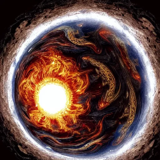 Prompt: water, fire, earth and air in one element, swirling around in a sphere