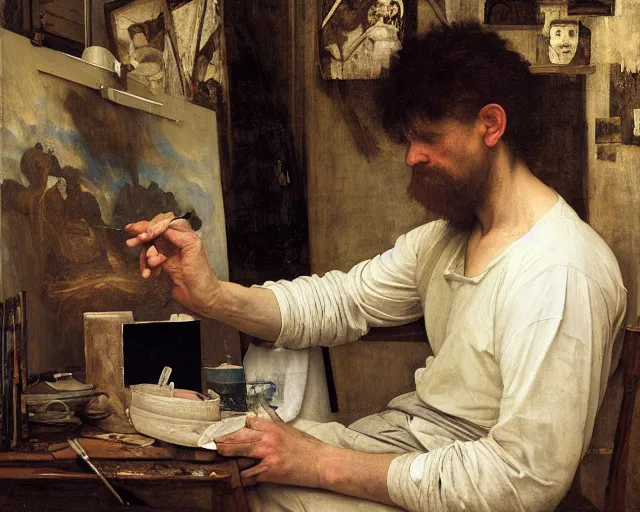 Image similar to an exhausted painter in his dimly lit studio by edgar maxence and caravaggio and michael whelan, intricate painting, hyper realistic, extremely detailed and beautiful aesthetic face, 8 k resolution