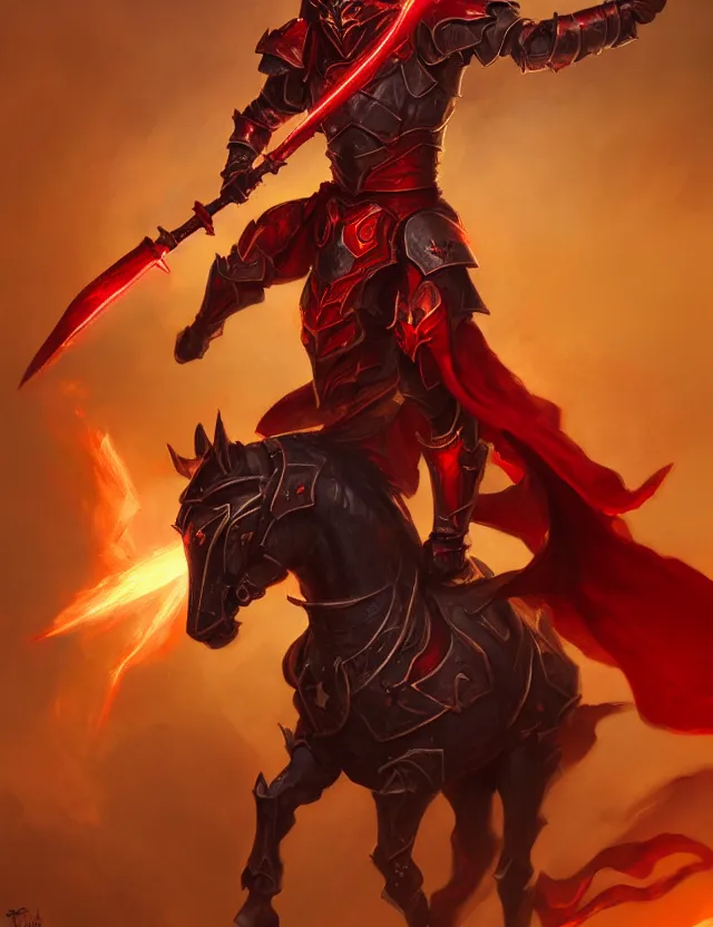 Image similar to a masked knight in crimson armour mounted on a spectral horse, holding a glowing red battle staff, by frank fazetta and peter mohrbacher, trending on artstation, digital art, 4 k resolution, detailed, high quality, sharp focus, hq artwork, coherent, insane detail, concept art, character concept, character full body portrait