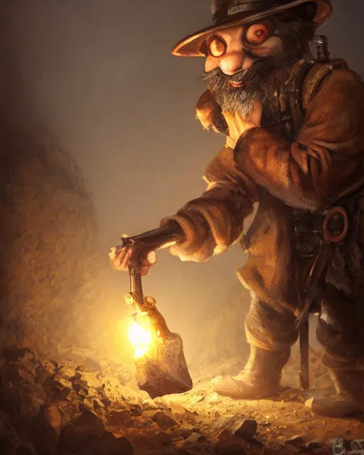 Image similar to oil painting of poor anthropomorphized mouse miner mining gold, pickaxe, close shot, full body, dark steampunk mine shaft background, sharp focus, fantasy style, octane render, volumetric lighting, 8k high definition, by greg rutkowski, highly detailed, trending on art Station, dungeons and dragons artwork, centered