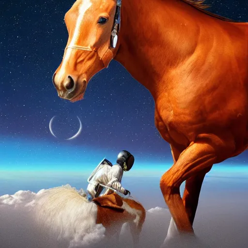 Image similar to horse sitting on astronaut, hyperrealistic masterpiece, artstation, cgsociety, kodakchrome, golden ratio, detailed, 8 k