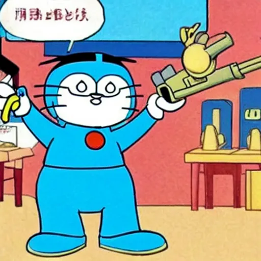 Image similar to Doraemon teaching how to disarm a gun