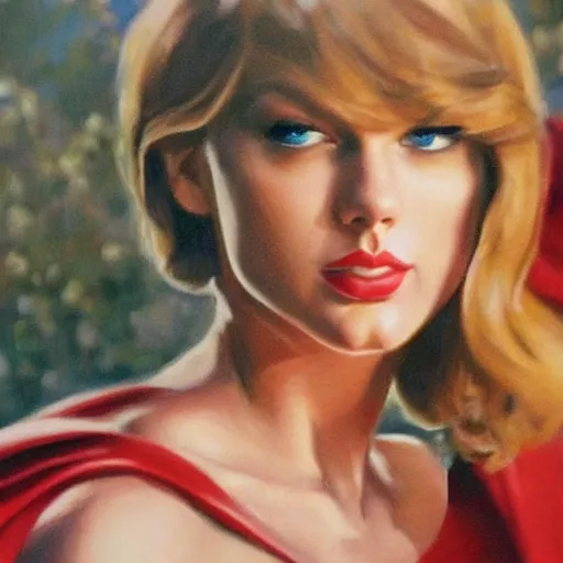 Prompt: ultra realistic portrait painting of taylor swift in the movie supergirl, art by frank frazetta, 4 k, ultra realistic, highly detailed, epic lighting.