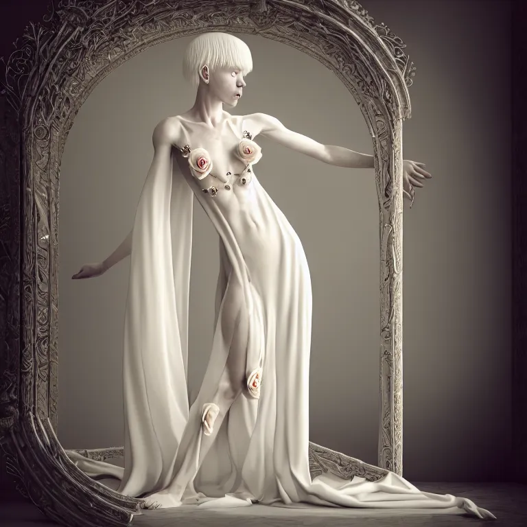 Image similar to alone with herself wonderful symmetrical beautiful albino goddess with a beautiful porcelain body dressed with a majestic semi transparent silk cream roses long dress, hightly ornate, intricate, detailed, dramatic light, award winning, octane render, meredit frampton style