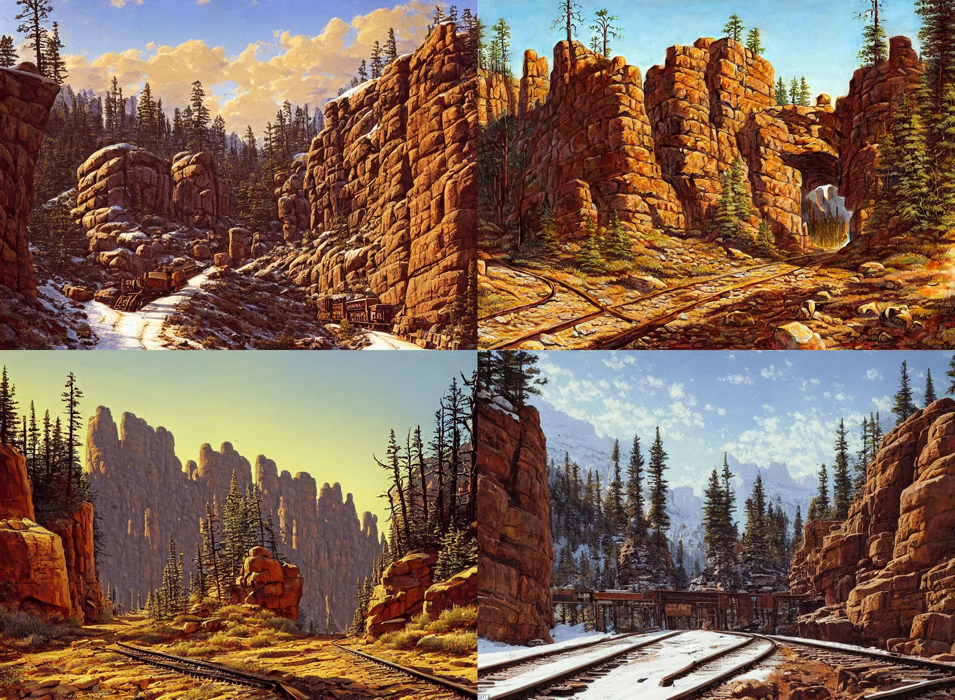 Image similar to entrance to wild west mine, rail tracks lead from the mine, a mine cart sits on the tracks, mine cart, sheer cliffs surround the scene, high elevation, sparse pine forest, dusting of snow, rock arches, long shadows, golden hour, wide angle, oil painting, albert bierdstadt