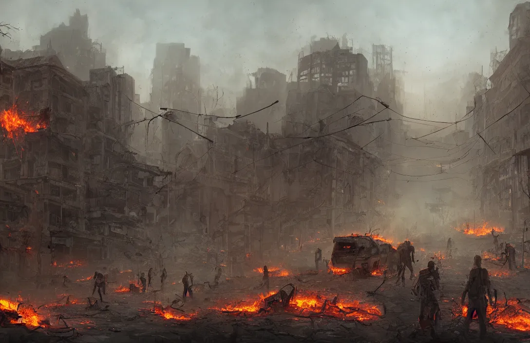 Prompt: zombie apocalypse, abandoned city, burning vehicles, artwork by Michal Lisowski and Noah Bradley, award winning illustration, highly detailed, trending on artstation