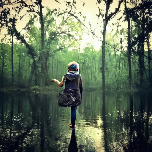 Prompt: thin little girl in a swamp wearing old gas mask. Water to her knees. Bayou. Dark Green forest. Foggy. Fireflies fly around