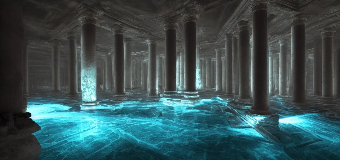 Prompt: dramatic photo of underground roman interior, ambient occlusion, glowing pool of water with realistic light refraction, caustics, making the pillars glow, ancient marble statues, raytracing, unreal engine, dramatic lighting, detailed,, global illumination, god rays, 3 d artstation by greg rutowski and jessica rossier