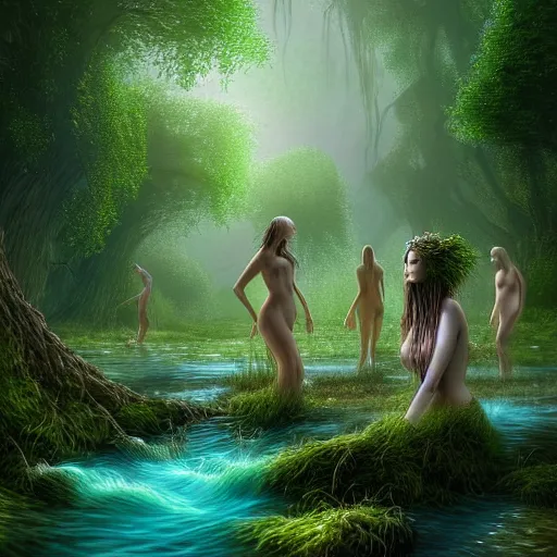 Image similar to beautiful digital fantasy illustration of A woody green field with a stream running through it, with a group of dryad women standing in the water. They seem to be preparing to submerge themselves in the cool, clear waters of the stream. a creepy creature standing in front of a mirror!, cgsociety, fantasy art, highly detailed, soft lighting, rendered in octane, masterpiece, very very very aesthetic