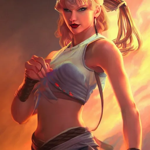 Image similar to Taylor Swift as a Street Fighter character, portrait, highly detailed, digital painting, artstation, concept art, sharp focus, illustration, cinematic lighting, art by artgerm and greg rutkowski and alphonse mucha