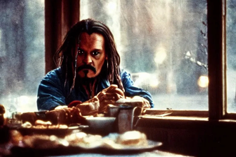 Image similar to soviet movie still jack sparrow sitting at a table next to the window with food, dark warm light, a character portrait by margarita terekhova, movie stalker solaris film still by andrei tarkovsky, 8 k, 1 9 8 4, close - up bokeh, gelios lens, color, noir