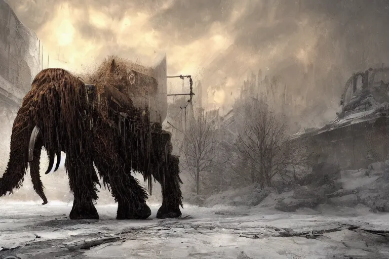 Image similar to a giant steampunk mammoth, post - apocalyptic ice landscape in snowstorm, concept art, artstation, highly detailed, digital art