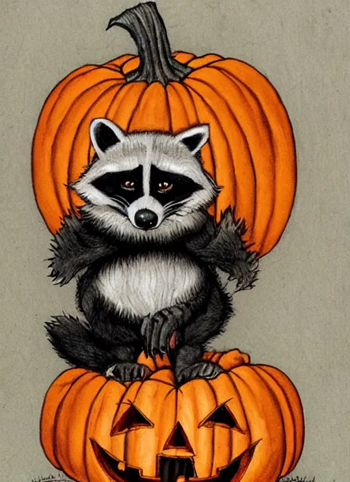 Image similar to halloween pumpkin in the shape of a raccoon by Rebecca Guay art, high quality, highly detailed,