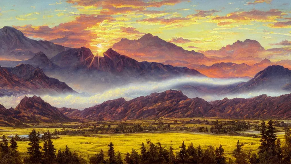 Image similar to The most beautiful panoramic landscape, oil painting, where the mountains are towering over the valley below their peaks shrouded in mist, the sun is just peeking over the horizon producing an awesome flare and the sky is ablaze with warm colors, lots of birds and stratus clouds. The river is winding its way through the valley and the trees are starting to turn yellow and red, by Greg Rutkowski, aerial view