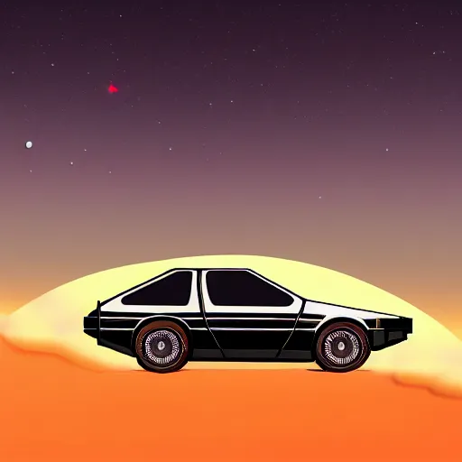 Image similar to digital art, trending on artstation, a delorean on the moon ground with views of the earth in the background