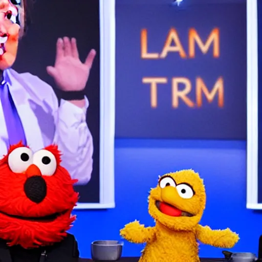 Image similar to Roman Reines hosting a late night talk show with Donald Trump and Elmo, during pride month, realistic photo