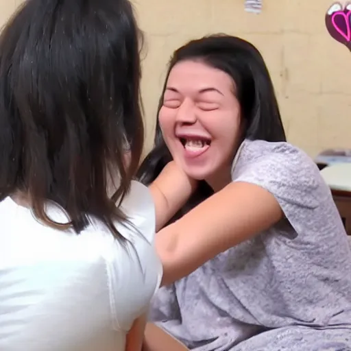 Prompt: 20 years old girl laughing with tears ad She get her barefeet tickled by a teacher