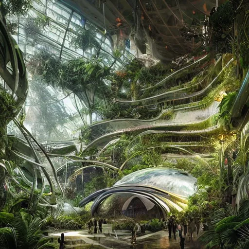 Image similar to stunning indoor lsd jungle by greg rutkowski inside epic high technology biodome designed by zaha hadid, ultra detailed, trending on deviantart