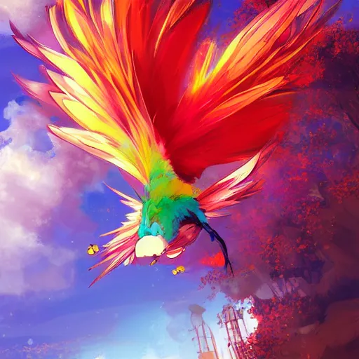 Image similar to anime painting frantic cute fiery bird zipping around, wanting to explore and investigate everything. it\'s curiosity is unbounded and insatiable, digital art, trending on artstation, stylized, colorful feathers, anime art by Kuvshinov Ilya, lariennechan, Aokamei