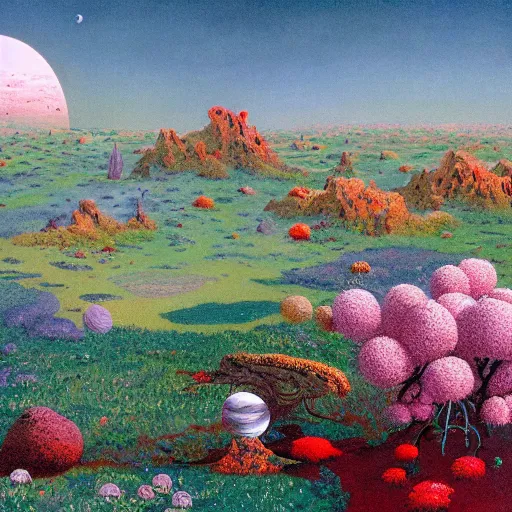 Image similar to a landscape on the moon with many craters, barren moon landscape, a broken moon lander, in a big crater at the center there is a beautiful flowering garden, 8 k, lowbrow in the style of martin johnson heade, roger dean and daniel merriam,
