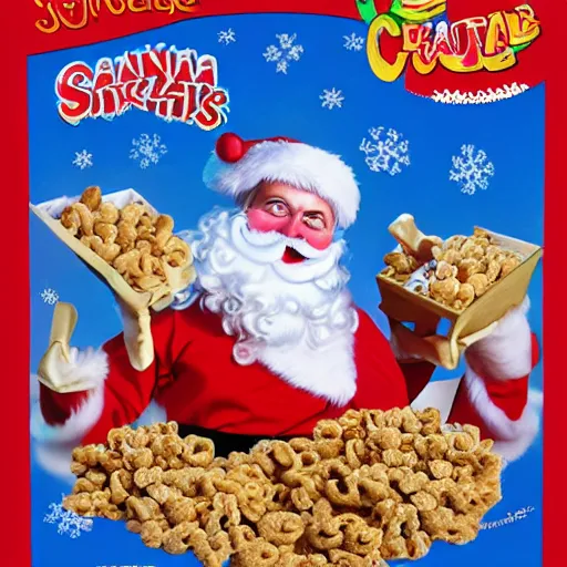 Image similar to grotesque cover illustration on a box of evil Santa kids' sugar cereal