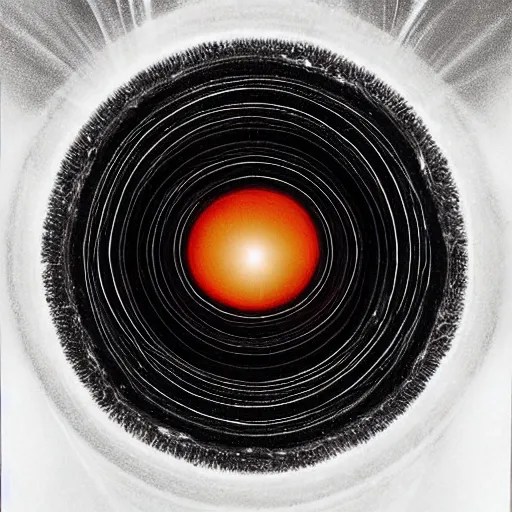 Image similar to A beautiful collage of a black hole. This hole appears to be a portal to another dimension or reality, and it is emitting a bright, white light. There are also stars and other celestial objects around it. orange by Kay Sage, by Ryan McGinley relaxed, rhythmic