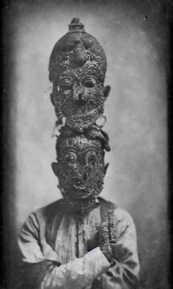 Image similar to person wearing spiritual hindu mask, ww1 photo, grainy, high detail, high resolution,