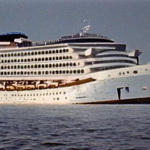 Image similar to vhs footage still of abandoned cruise ship with water damaged interior, date stamp in bottom right corner reads 1 8 jan 2 0 0 5, 7 : 2 0 pm