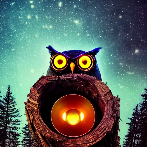 Image similar to mechanical owl inside a hole in a tree, red eyes glowing, night sky with full of stars, in the middle of forest, realistic style, futuristic, photorealistic, cinematic lighting, high key lighting, high contrast, 8 k, golden ratio, uhd, hd, shallow focus, lens 7 5 mm