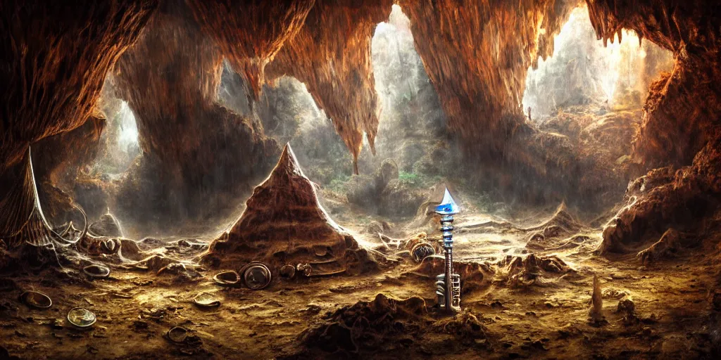 Image similar to a chrome conical drill visits a rusted cave mouth in the jungle, retrofuturistic, matte oil painting, speleothems, merchant tents, salt dunes, science fantasy, rpg, epic, extremely detailed, sharp focus, 4 k