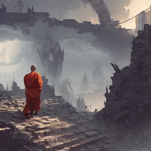 Image similar to a monk standing in the rubble of a smoking building, 8k, sharp high quality artwork in style of Jose Daniel Cabrera Pena and Greg Rutkowski, concept art by Tooth Wu, blizzard warcraft artwork