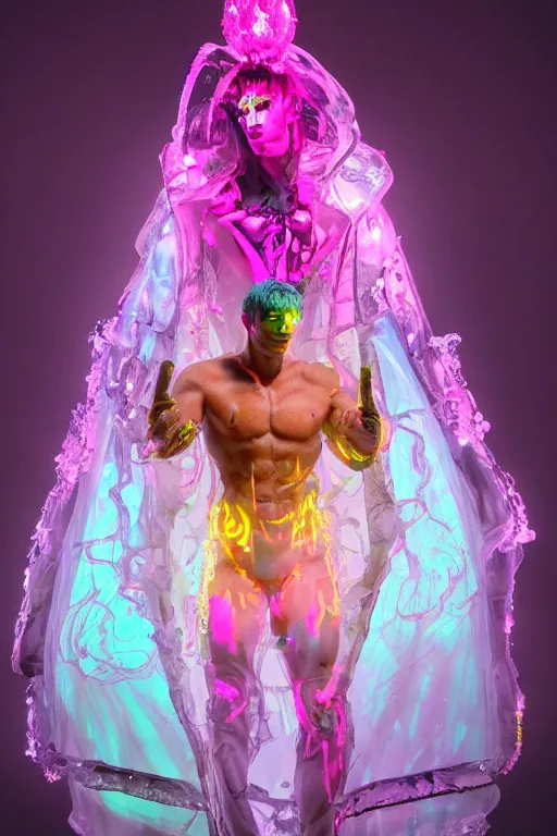 Image similar to photo of fullbody rococo and cyberpunk delicate neon crystalline sculpture of handsome muscular onyx albino marble prince nick jonas as an mint iridescent humanoid deity wearing pink plastic hooded cloak holding an onyx skull in a onyx space dungeon, reclining, glowing yellow face, crown of white diamonds, cinematic lighting, photorealistic, octane render, 8 k, depth of field, 3 d