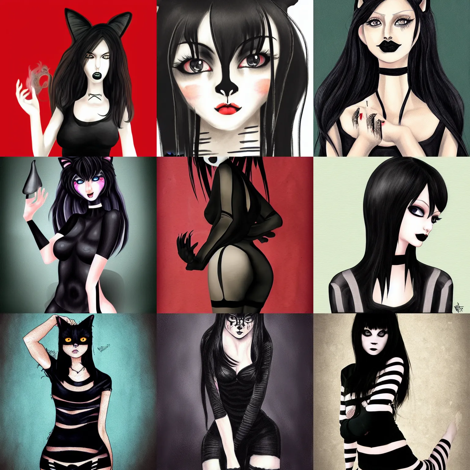 Prompt: portrait of a goth catgirl, black t - shirt, striped pantyhose, art by viktoria gavrilenko